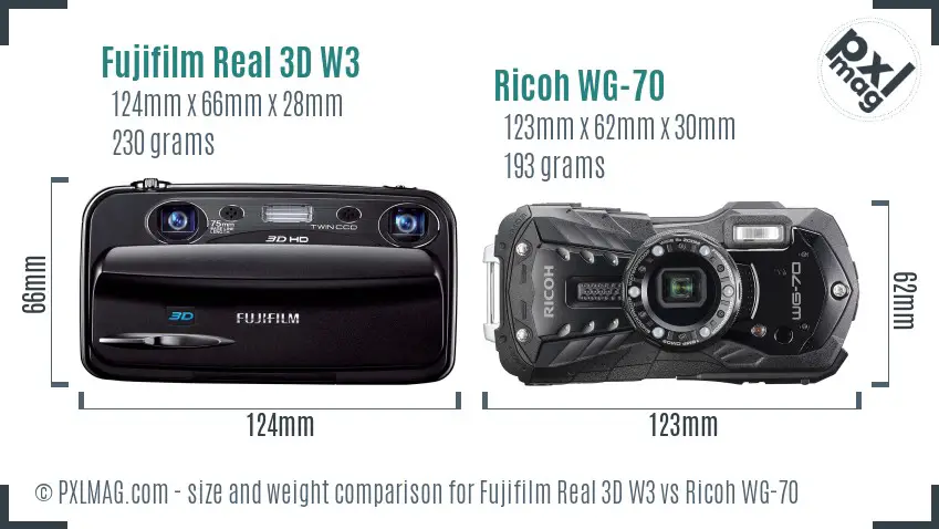 Fujifilm Real 3D W3 vs Ricoh WG-70 size comparison