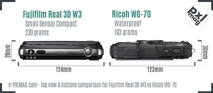 Fujifilm Real 3D W3 vs Ricoh WG-70 top view buttons comparison