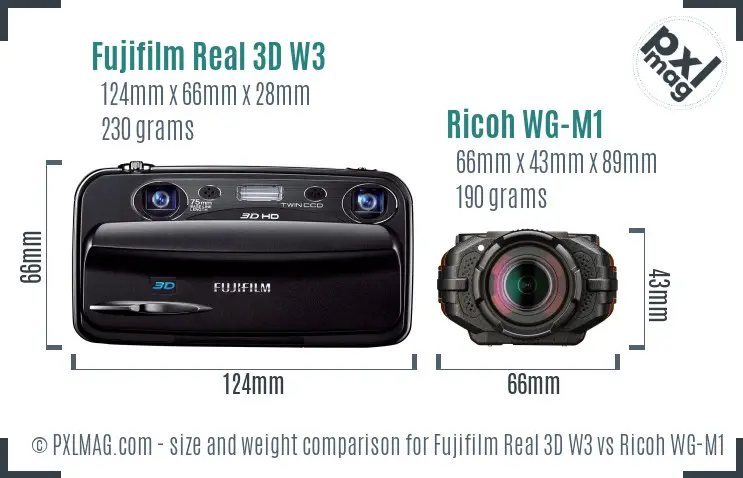 Fujifilm Real 3D W3 vs Ricoh WG-M1 size comparison Fujifilm Real 3D W3 vs Ricoh WG-M1 size comparison