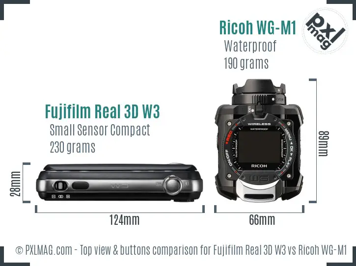 Fujifilm Real 3D W3 vs Ricoh WG-M1 top view buttons comparison
