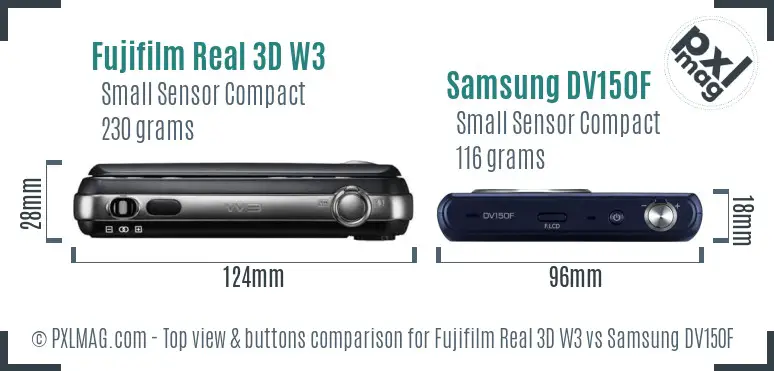 Fujifilm Real 3D W3 vs Samsung DV150F top view buttons comparison Fujifilm Real 3D W3 vs Samsung DV150F top view buttons comparison