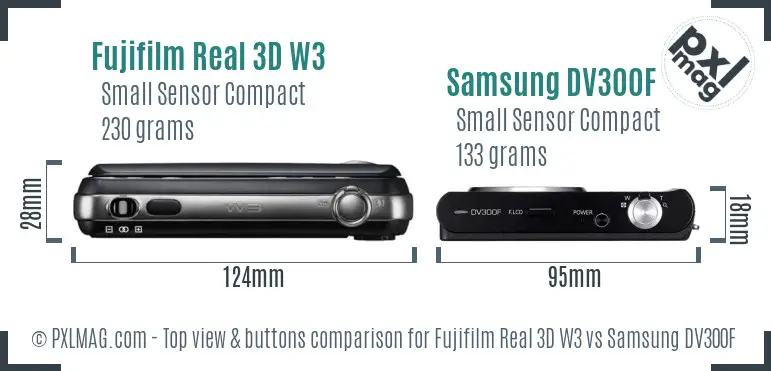 Fujifilm Real 3D W3 vs Samsung DV300F top view buttons comparison Fujifilm Real 3D W3 vs Samsung DV300F top view buttons comparison