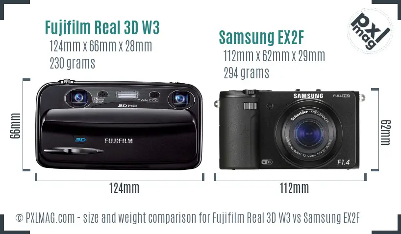 Fujifilm Real 3D W3 vs Samsung EX2F size comparison