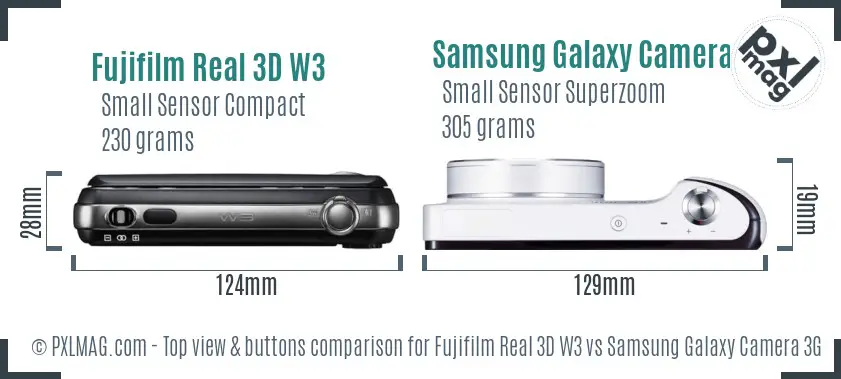 Fujifilm Real 3D W3 vs Samsung Galaxy Camera 3G top view buttons comparison Fujifilm Real 3D W3 vs Samsung Galaxy Camera 3G top view buttons comparison