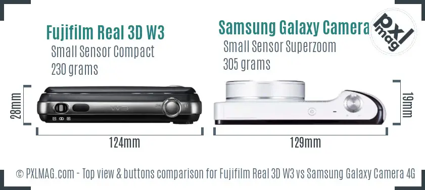 Fujifilm Real 3D W3 vs Samsung Galaxy Camera 4G top view buttons comparison Fujifilm Real 3D W3 vs Samsung Galaxy Camera 4G top view buttons comparison