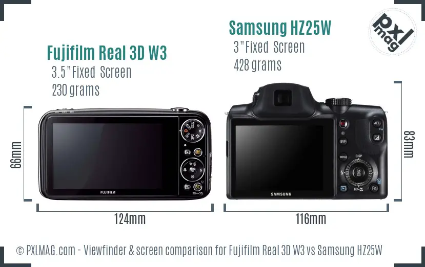 Fujifilm Real 3D W3 vs Samsung HZ25W Screen and Viewfinder comparison