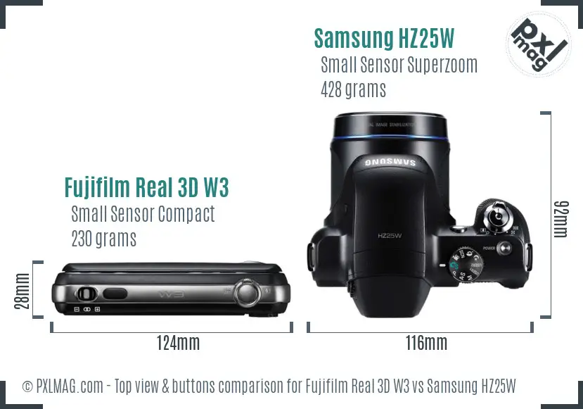 Fujifilm Real 3D W3 vs Samsung HZ25W top view buttons comparison