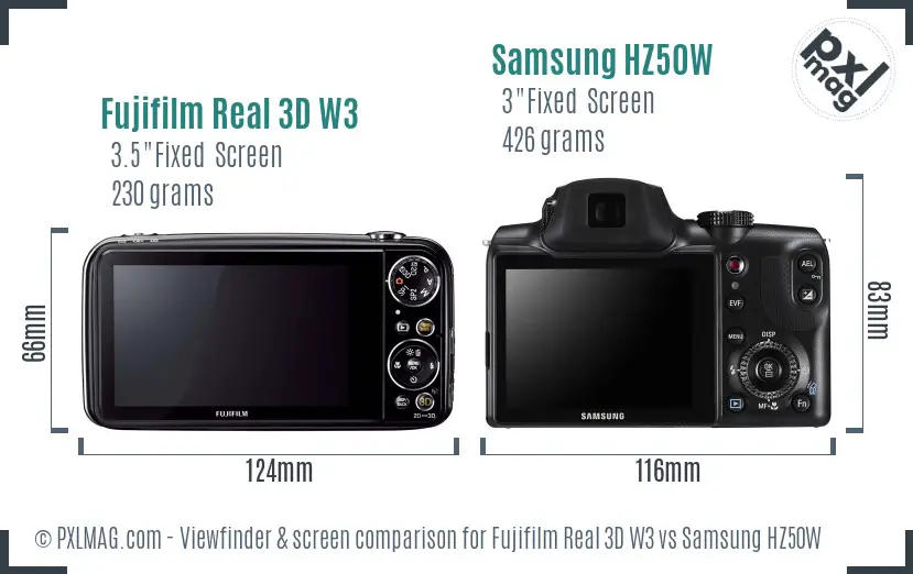 Fujifilm Real 3D W3 vs Samsung HZ50W Screen and Viewfinder comparison