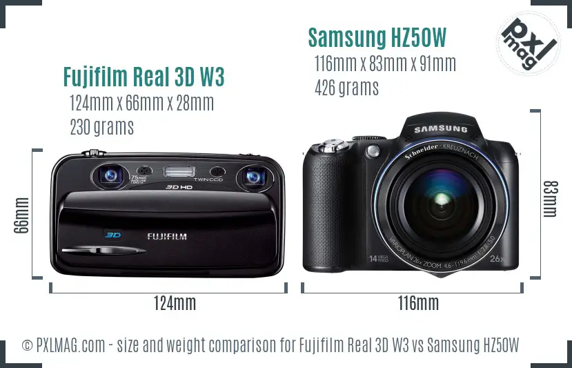 Fujifilm Real 3D W3 vs Samsung HZ50W size comparison