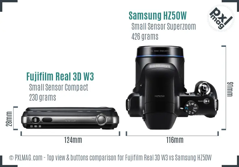 Fujifilm Real 3D W3 vs Samsung HZ50W top view buttons comparison