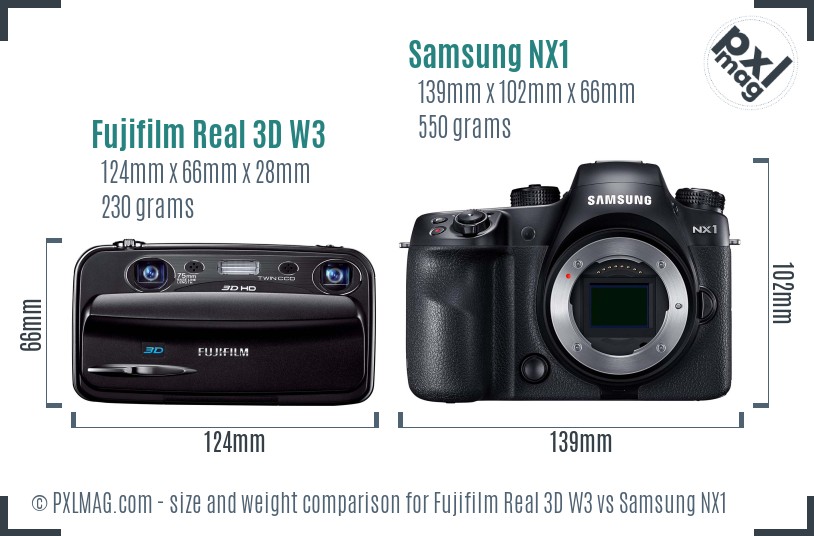 Fujifilm Real 3D W3 vs Samsung NX1 size comparison Fujifilm Real 3D W3 vs Samsung NX1 size comparison