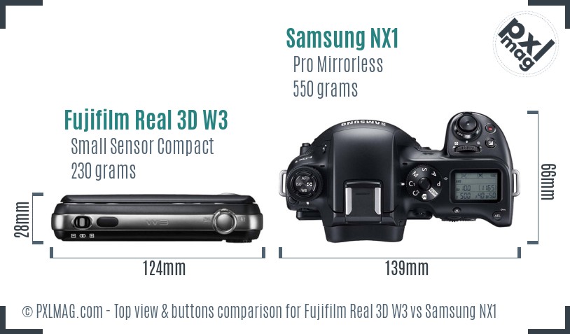 Fujifilm Real 3D W3 vs Samsung NX1 top view buttons comparison