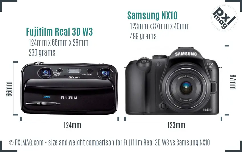Fujifilm Real 3D W3 vs Samsung NX10 size comparison Fujifilm Real 3D W3 vs Samsung NX10 size comparison