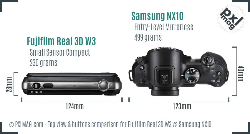 Fujifilm Real 3D W3 vs Samsung NX10 top view buttons comparison Fujifilm Real 3D W3 vs Samsung NX10 top view buttons comparison
