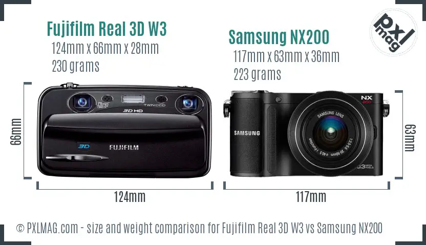 Fujifilm Real 3D W3 vs Samsung NX200 size comparison Fujifilm Real 3D W3 vs Samsung NX200 size comparison