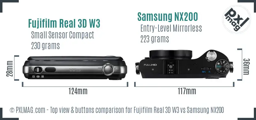 Fujifilm Real 3D W3 vs Samsung NX200 top view buttons comparison Fujifilm Real 3D W3 vs Samsung NX200 top view buttons comparison