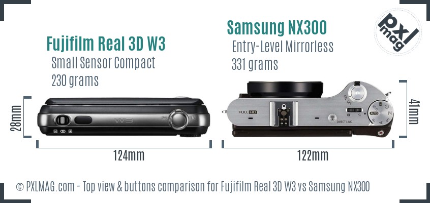 Fujifilm Real 3D W3 vs Samsung NX300 top view buttons comparison