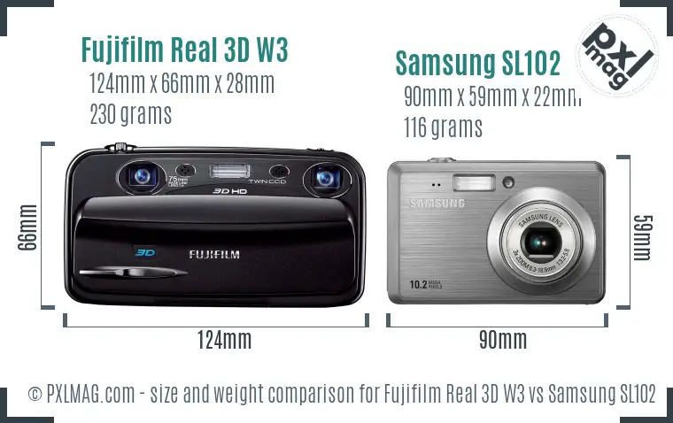 Fujifilm Real 3D W3 vs Samsung SL102 size comparison