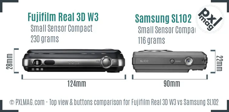 Fujifilm Real 3D W3 vs Samsung SL102 top view buttons comparison
