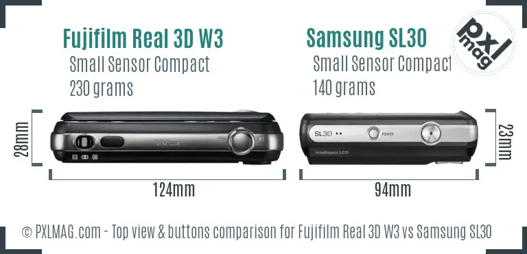 Fujifilm Real 3D W3 vs Samsung SL30 top view buttons comparison