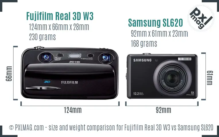 Fujifilm Real 3D W3 vs Samsung SL620 size comparison