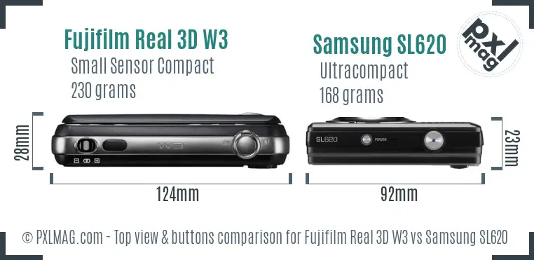 Fujifilm Real 3D W3 vs Samsung SL620 top view buttons comparison