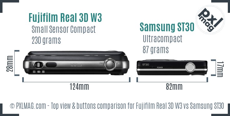 Fujifilm Real 3D W3 vs Samsung ST30 top view buttons comparison