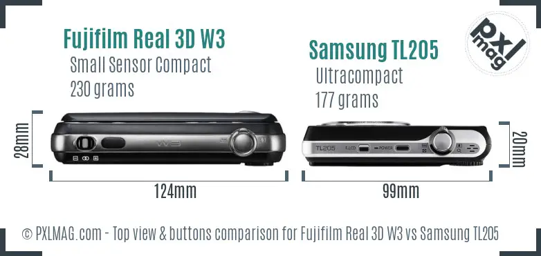 Fujifilm Real 3D W3 vs Samsung TL205 top view buttons comparison