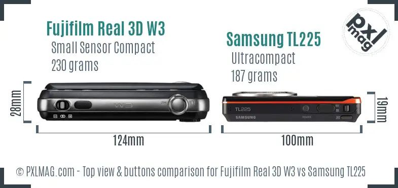 Fujifilm Real 3D W3 vs Samsung TL225 top view buttons comparison Fujifilm Real 3D W3 vs Samsung TL225 top view buttons comparison