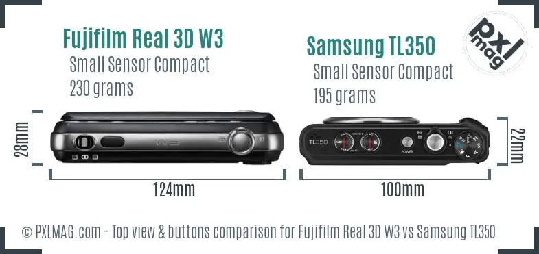 Fujifilm Real 3D W3 vs Samsung TL350 top view buttons comparison Fujifilm Real 3D W3 vs Samsung TL350 top view buttons comparison