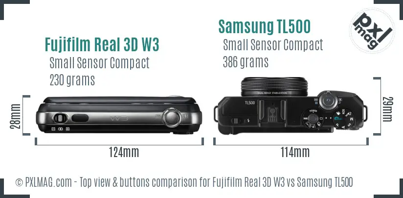 Fujifilm Real 3D W3 vs Samsung TL500 top view buttons comparison Fujifilm Real 3D W3 vs Samsung TL500 top view buttons comparison