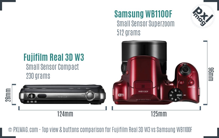 Fujifilm Real 3D W3 vs Samsung WB1100F top view buttons comparison