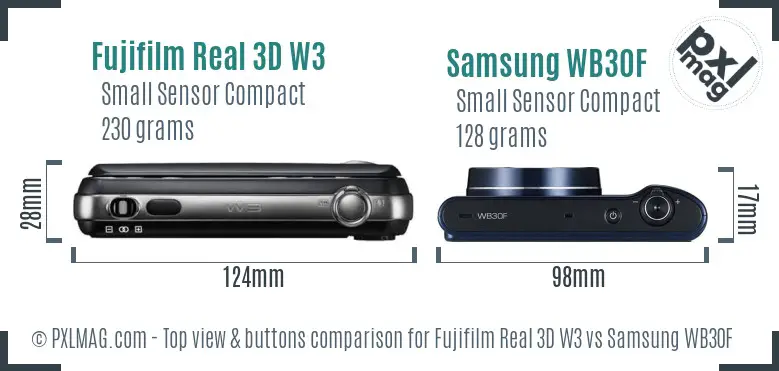 Fujifilm Real 3D W3 vs Samsung WB30F top view buttons comparison Fujifilm Real 3D W3 vs Samsung WB30F top view buttons comparison