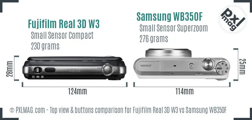 Fujifilm Real 3D W3 vs Samsung WB350F top view buttons comparison