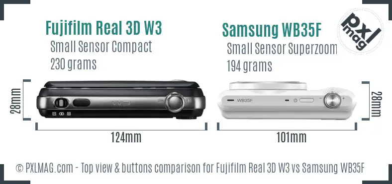 Fujifilm Real 3D W3 vs Samsung WB35F top view buttons comparison Fujifilm Real 3D W3 vs Samsung WB35F top view buttons comparison