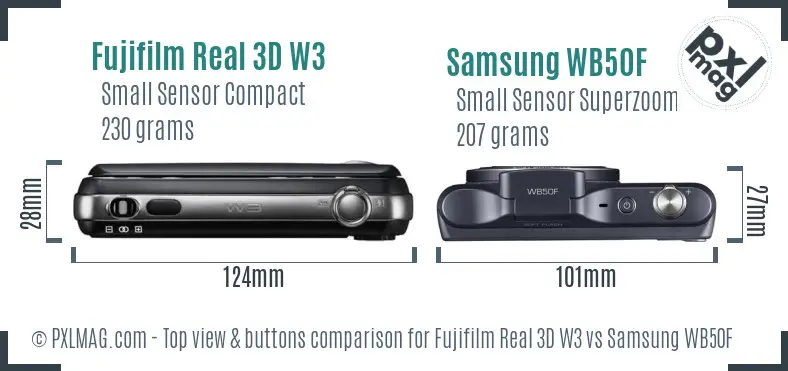 Fujifilm Real 3D W3 vs Samsung WB50F top view buttons comparison Fujifilm Real 3D W3 vs Samsung WB50F top view buttons comparison