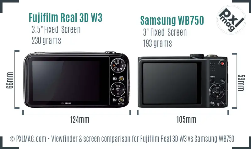 Fujifilm Real 3D W3 vs Samsung WB750 Screen and Viewfinder comparison