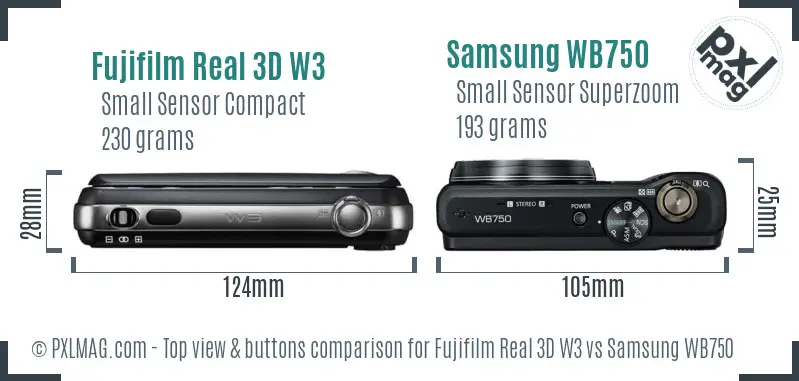 Fujifilm Real 3D W3 vs Samsung WB750 top view buttons comparison