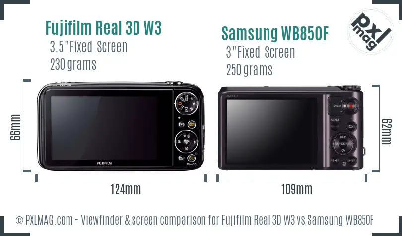 Fujifilm Real 3D W3 vs Samsung WB850F Screen and Viewfinder comparison