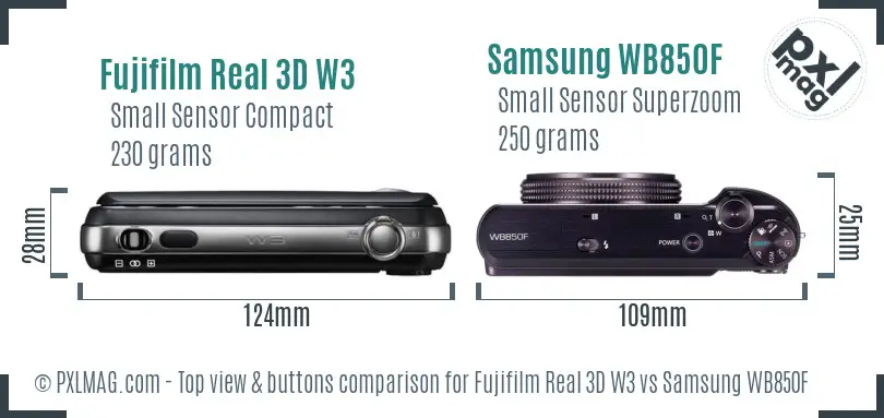 Fujifilm Real 3D W3 vs Samsung WB850F top view buttons comparison