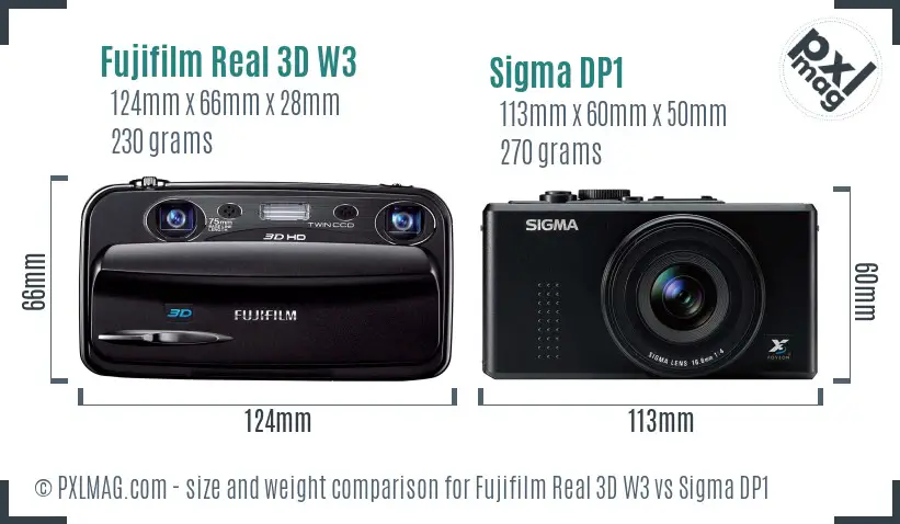 Fujifilm Real 3D W3 vs Sigma DP1 size comparison Fujifilm Real 3D W3 vs Sigma DP1 size comparison
