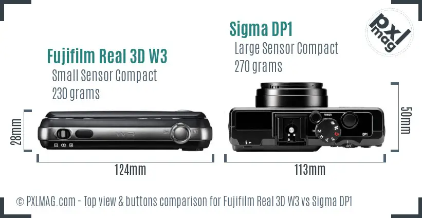 Fujifilm Real 3D W3 vs Sigma DP1 top view buttons comparison Fujifilm Real 3D W3 vs Sigma DP1 top view buttons comparison