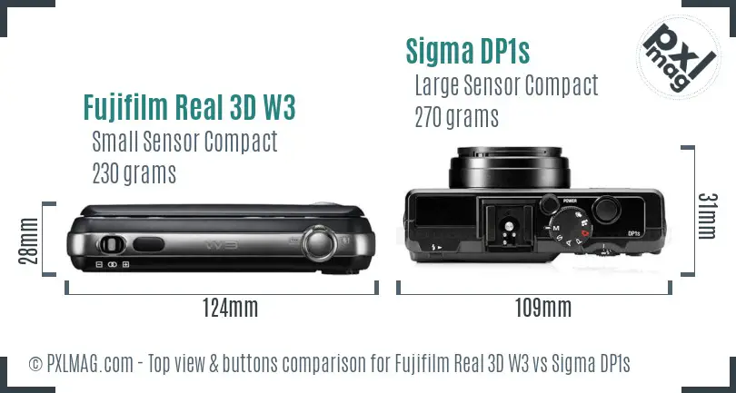 Fujifilm Real 3D W3 vs Sigma DP1s top view buttons comparison