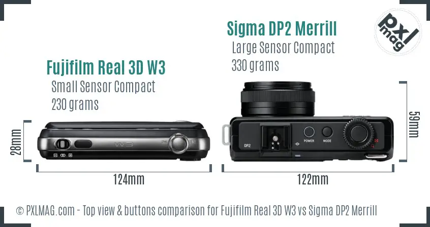 Fujifilm Real 3D W3 vs Sigma DP2 Merrill top view buttons comparison Fujifilm Real 3D W3 vs Sigma DP2 Merrill top view buttons comparison