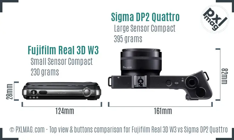Fujifilm Real 3D W3 vs Sigma DP2 Quattro top view buttons comparison