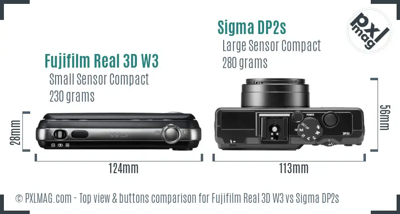 Fujifilm Real 3D W3 vs Sigma DP2s top view buttons comparison