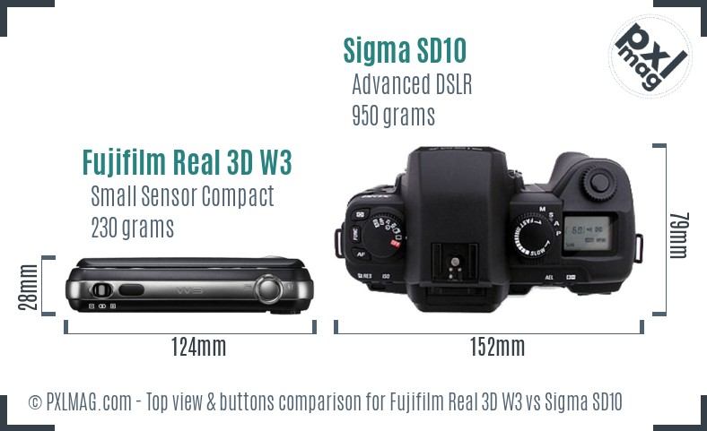 Fujifilm Real 3D W3 vs Sigma SD10 top view buttons comparison