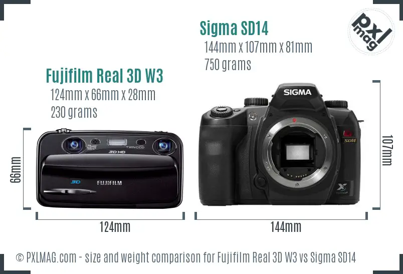Fujifilm Real 3D W3 vs Sigma SD14 size comparison