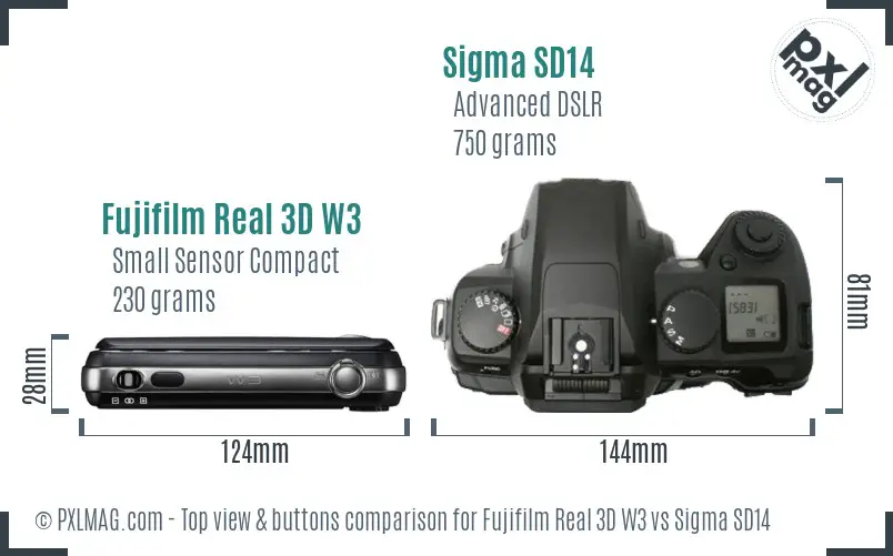 Fujifilm Real 3D W3 vs Sigma SD14 top view buttons comparison