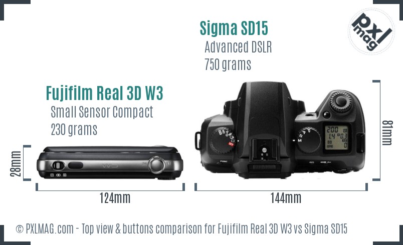 Fujifilm Real 3D W3 vs Sigma SD15 top view buttons comparison